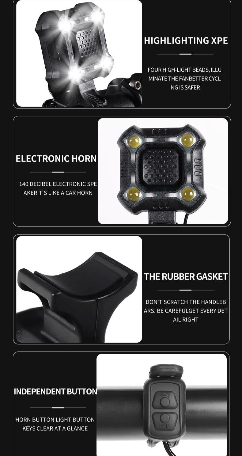 Bicicleta eletrônica Bell com carga USB, alarme trompete, luz de advertência, ciclismo Safety Riding, E-bike, Scooter