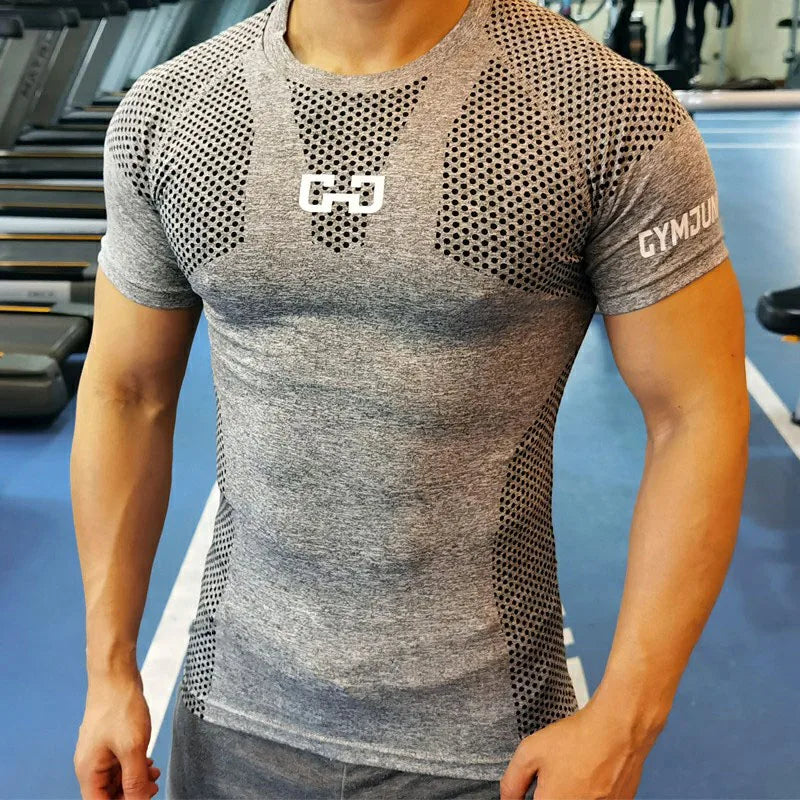 Camiseta esportiva de secagem rápida masculina fitness apertado manga curta masculino ginásio compressão camiseta musculação